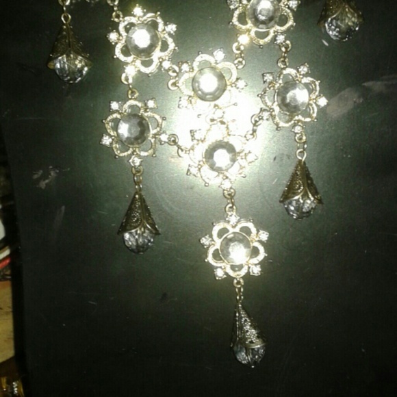 Vintage floral statement rhinestones necklace Dangles silver filigree - Picture 1 of 6